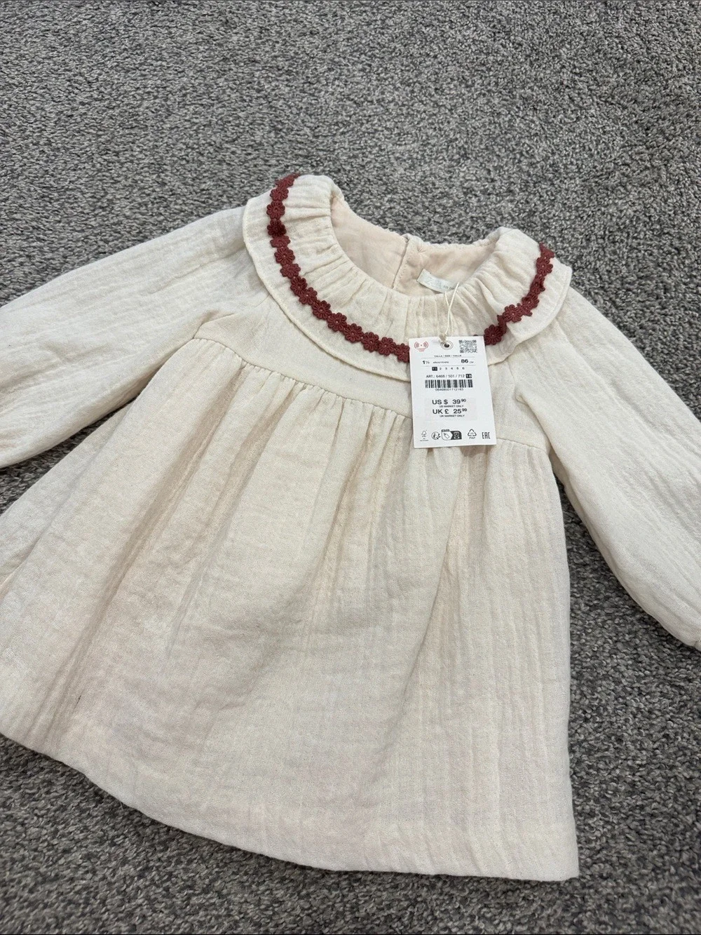 Zara Cream Girls' Dress with Brown Trim